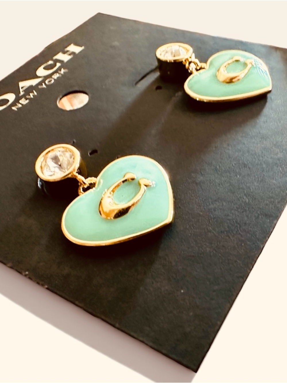 NWT Coach Heart Drop Earrings Light Green Enamel Gold C Logo on Earring Card - Picture 5 of 9
